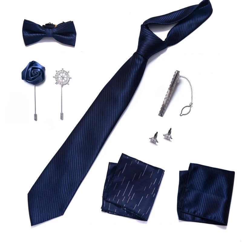8-in-1 Luxury Silk Tie Gift Set – Necktie, Bow Tie, Pocket Squares, Cufflinks, Tie Clip & Brooches in Elegant Box