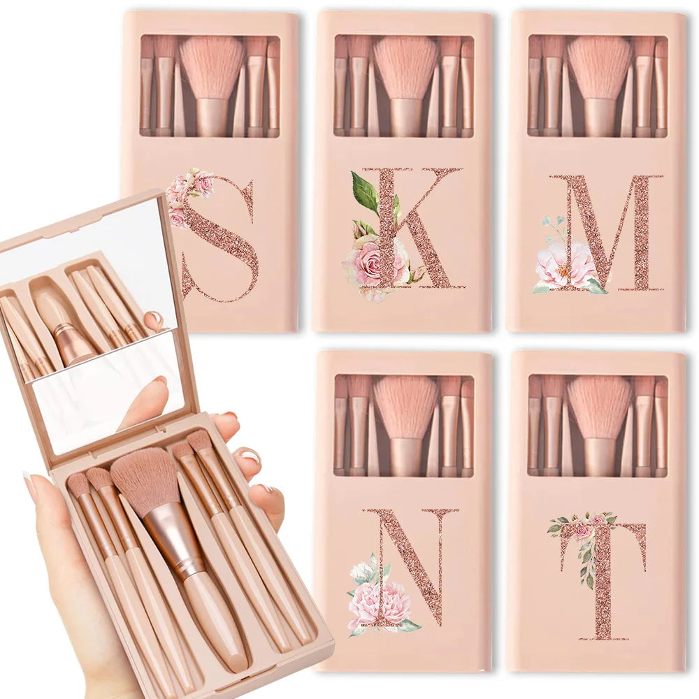 5-Piece Makeup Brush Set – Portable Cosmetic Kit with Mirror & Foldable Storage Case