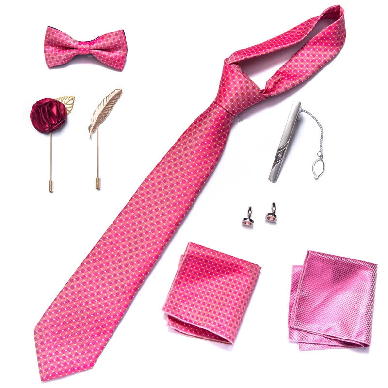8-in-1 Luxury Silk Tie Gift Set – Necktie, Bow Tie, Pocket Squares, Cufflinks, Tie Clip & Brooches in Elegant Box
