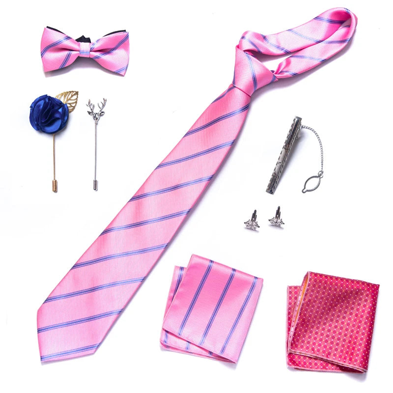 8-in-1 Luxury Silk Tie Gift Set – Necktie, Bow Tie, Pocket Squares, Cufflinks, Tie Clip & Brooches in Elegant Box