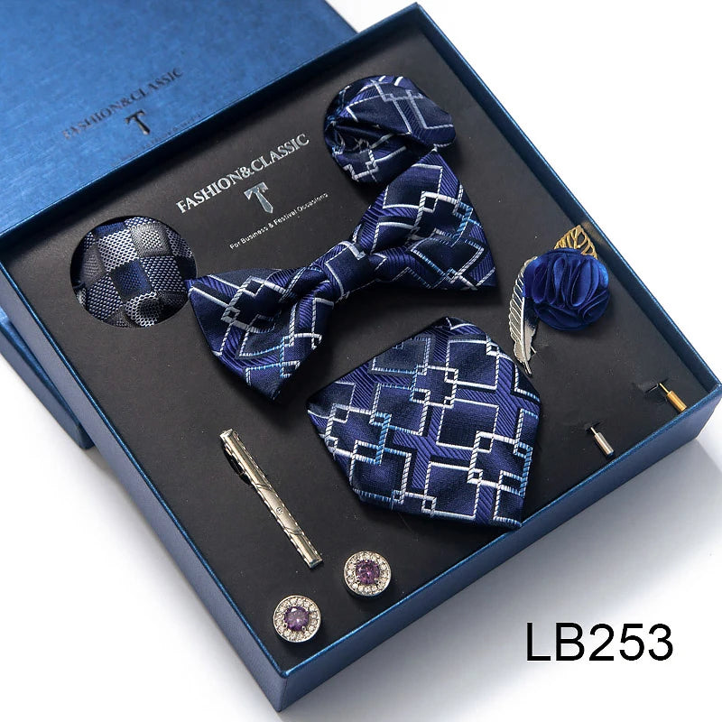 8-in-1 Luxury Silk Tie Gift Set – Necktie, Bow Tie, Pocket Squares, Cufflinks, Tie Clip & Brooches in Elegant Box