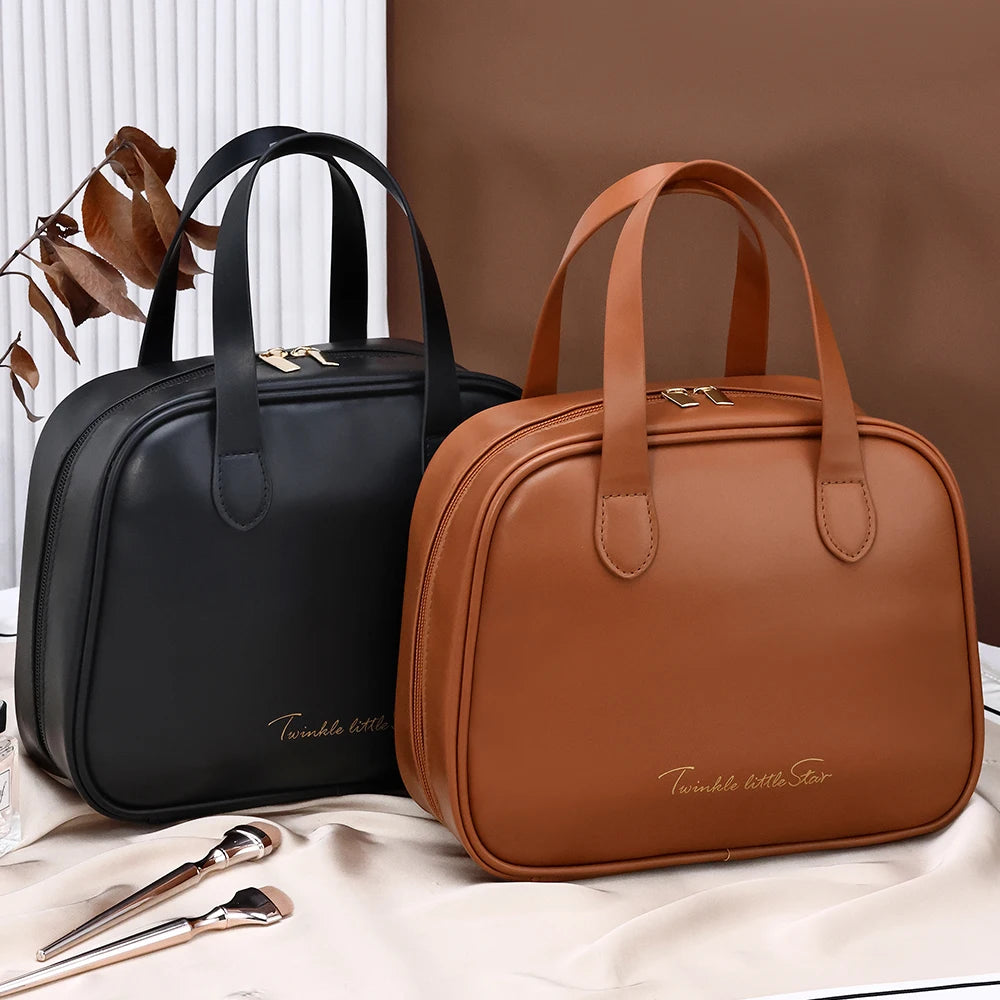 PU Leather Large Capacity Cosmetic Bag – Travel Makeup Organizer with Handle & Compartments