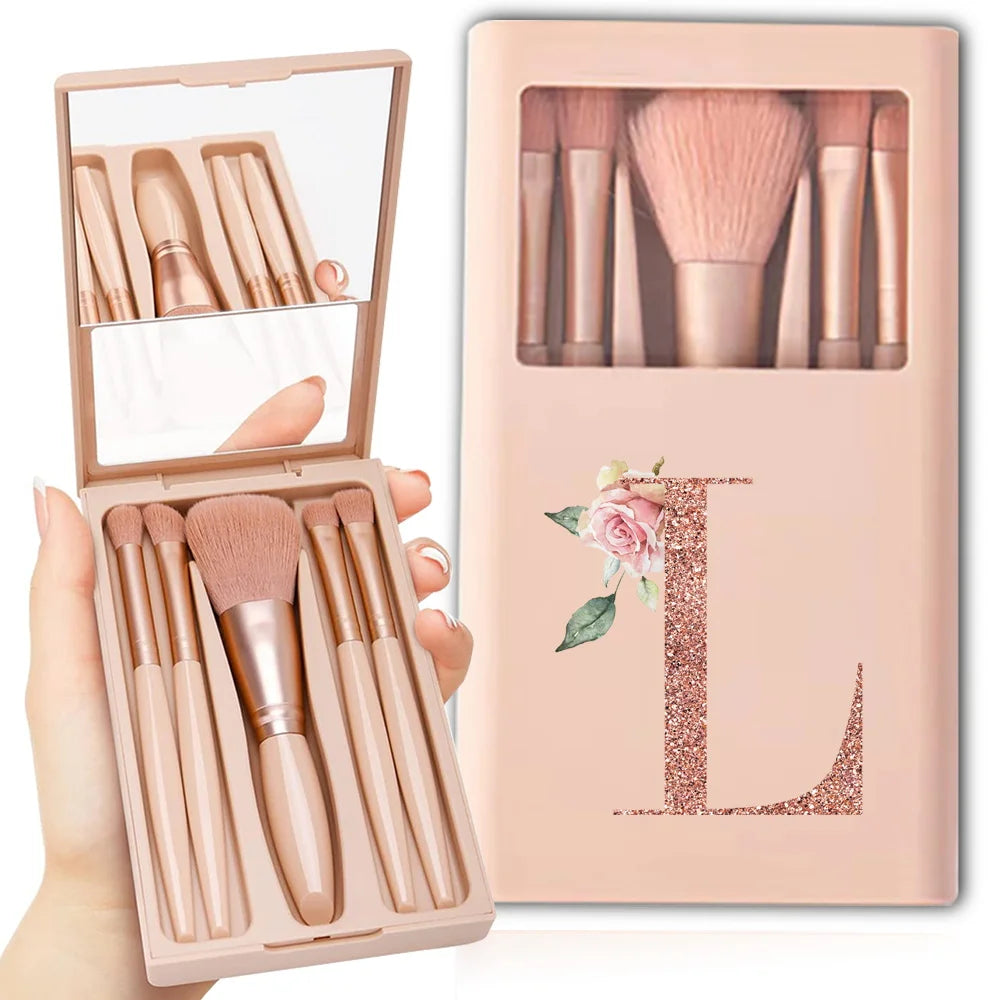 5-Piece Makeup Brush Set – Portable Cosmetic Kit with Mirror & Foldable Storage Case
