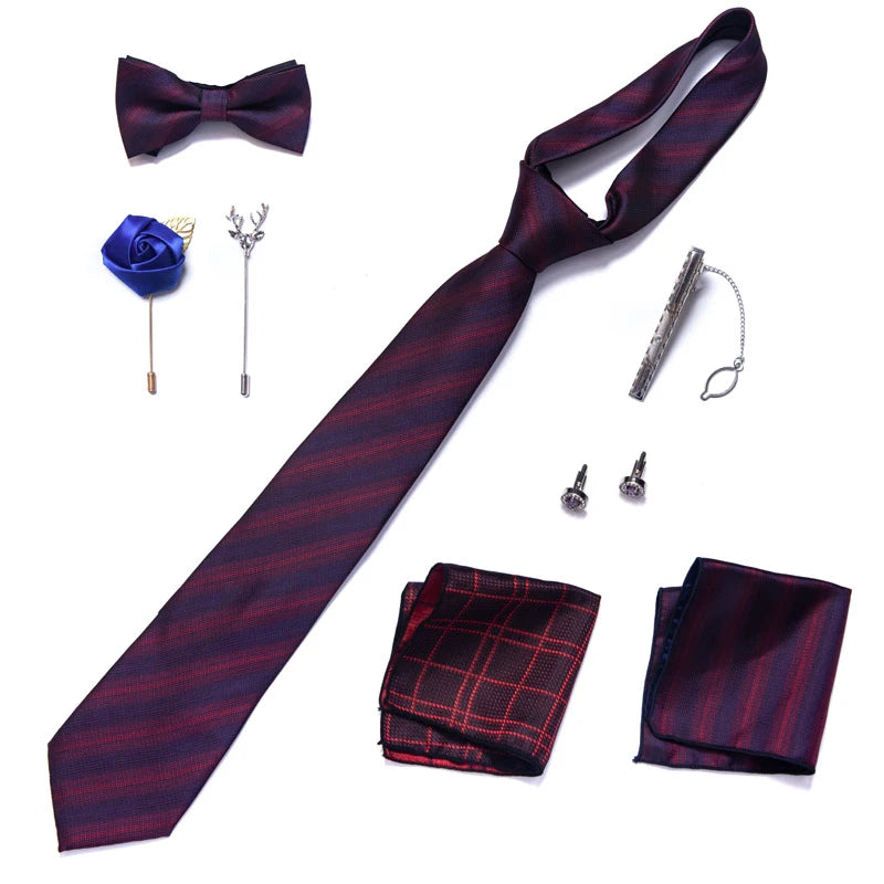 8-in-1 Luxury Silk Tie Gift Set – Necktie, Bow Tie, Pocket Squares, Cufflinks, Tie Clip & Brooches in Elegant Box