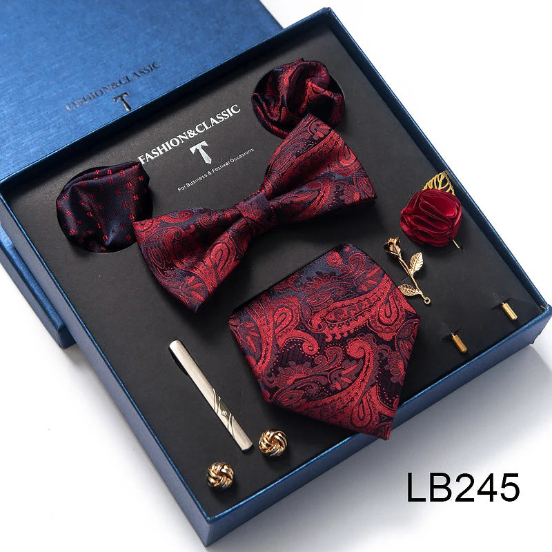 8-in-1 Luxury Silk Tie Gift Set – Necktie, Bow Tie, Pocket Squares, Cufflinks, Tie Clip & Brooches in Elegant Box