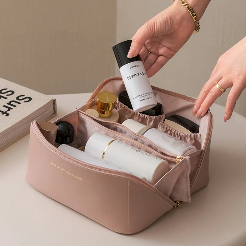 PU Leather Large-Capacity Travel Cosmetic Bag – Waterproof Makeup & Toiletry Organizer