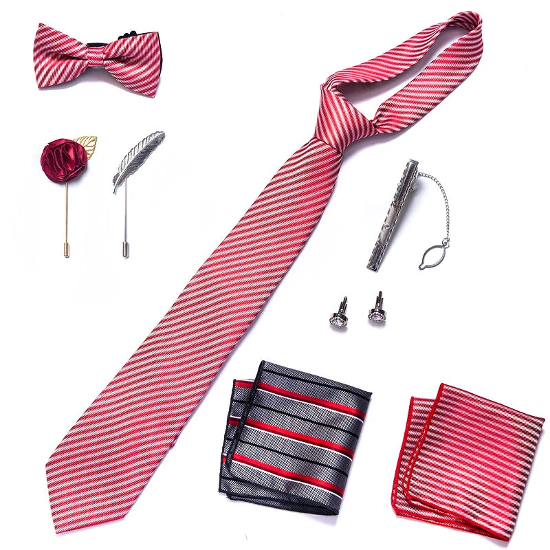 8-in-1 Luxury Silk Tie Gift Set – Necktie, Bow Tie, Pocket Squares, Cufflinks, Tie Clip & Brooches in Elegant Box