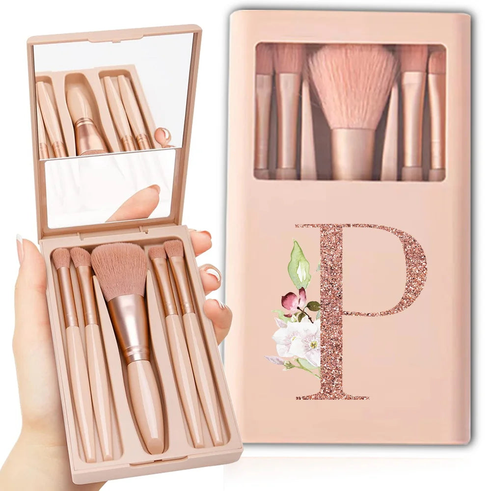 5-Piece Makeup Brush Set – Portable Cosmetic Kit with Mirror & Foldable Storage Case