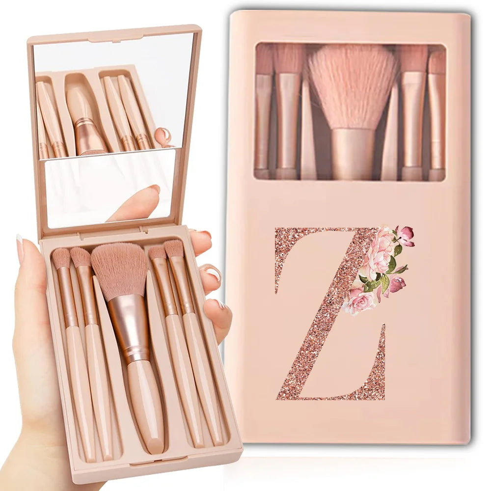 5-Piece Makeup Brush Set – Portable Cosmetic Kit with Mirror & Foldable Storage Case