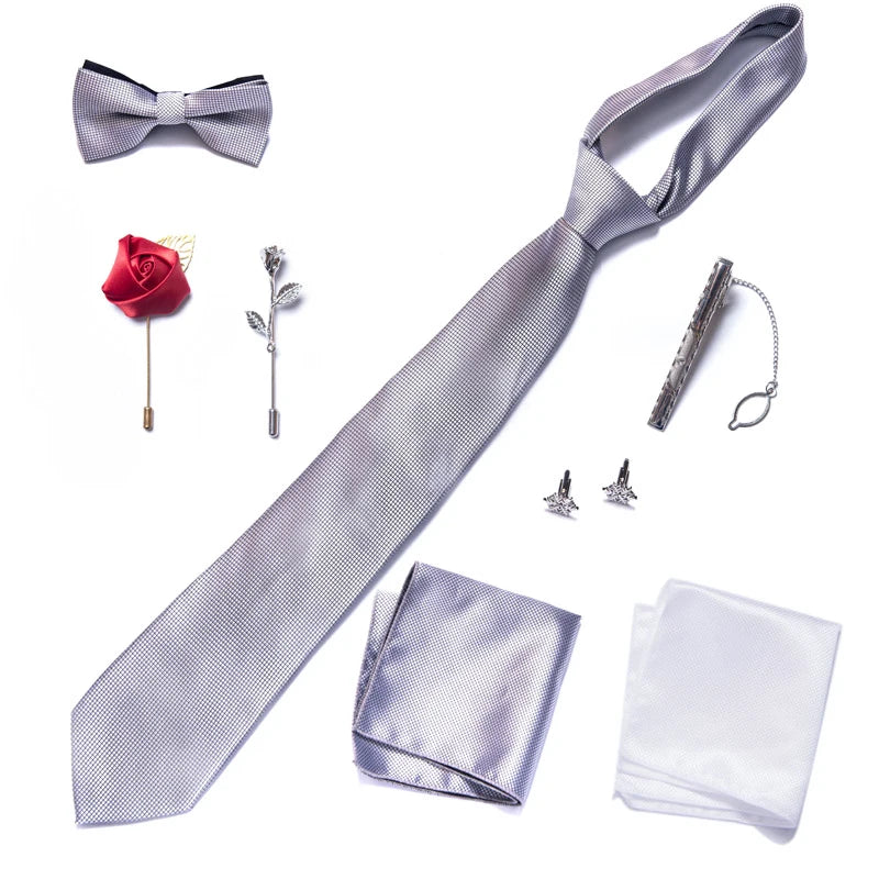 8-in-1 Luxury Silk Tie Gift Set – Necktie, Bow Tie, Pocket Squares, Cufflinks, Tie Clip & Brooches in Elegant Box