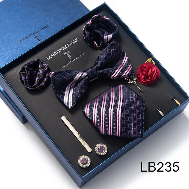 8-in-1 Luxury Silk Tie Gift Set – Necktie, Bow Tie, Pocket Squares, Cufflinks, Tie Clip & Brooches in Elegant Box