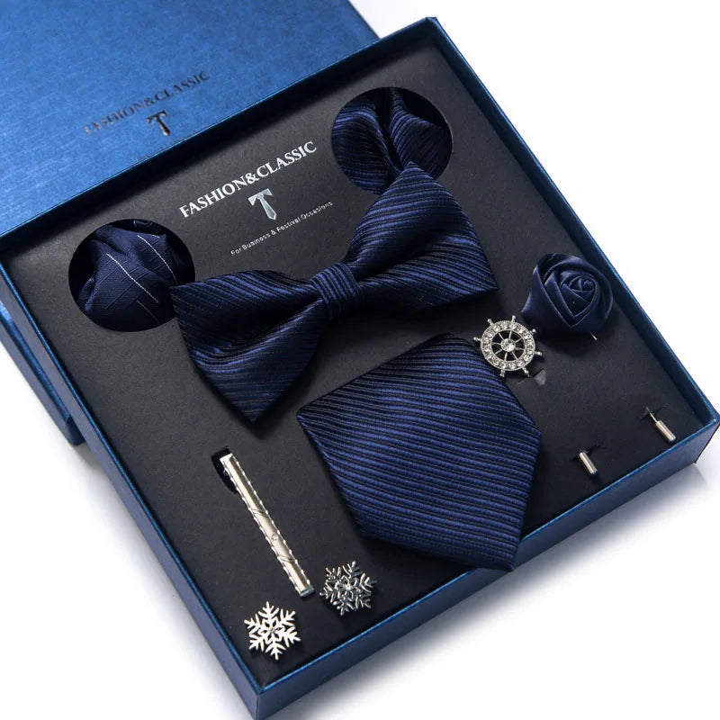 8-in-1 Luxury Silk Tie Gift Set – Necktie, Bow Tie, Pocket Squares, Cufflinks, Tie Clip & Brooches in Elegant Box