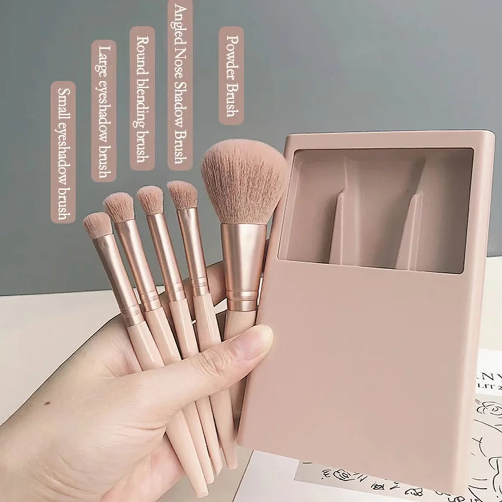 5-Piece Makeup Brush Set – Portable Cosmetic Kit with Mirror & Foldable Storage Case