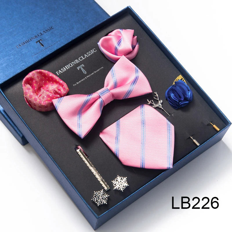 8-in-1 Luxury Silk Tie Gift Set – Necktie, Bow Tie, Pocket Squares, Cufflinks, Tie Clip & Brooches in Elegant Box