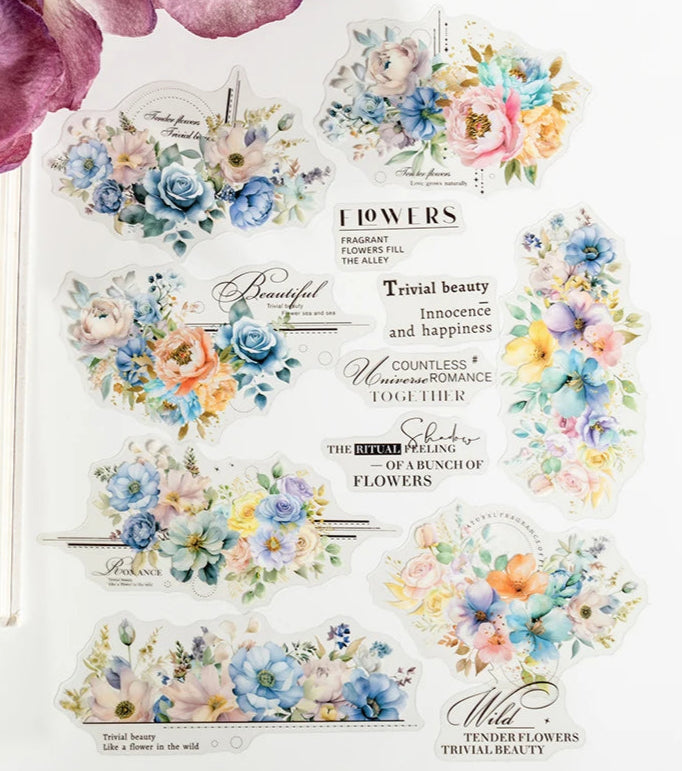 Twilight Flower PET Stickers – Elegant Floral Collage Set for Scrapbook & Journaling