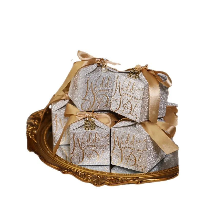 Luxury Glitter Wedding Candy Boxes with Pearl Ribbon Bow – High-End Gift & Chocolate Favor Box (20, 50pcs)