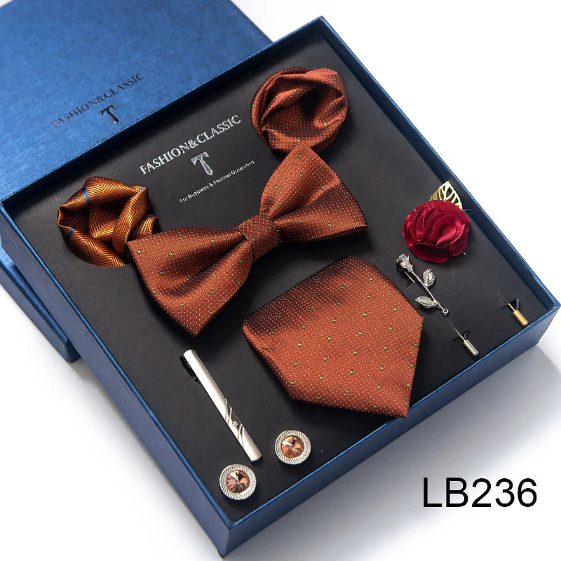 8-in-1 Luxury Silk Tie Gift Set – Necktie, Bow Tie, Pocket Squares, Cufflinks, Tie Clip & Brooches in Elegant Box