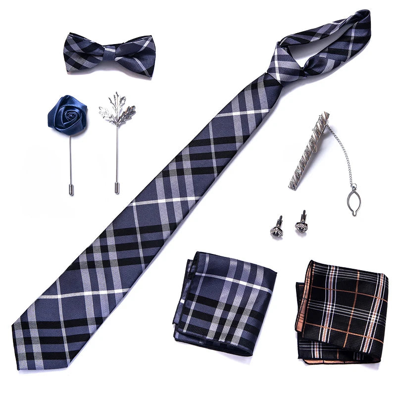 8-in-1 Luxury Silk Tie Gift Set – Necktie, Bow Tie, Pocket Squares, Cufflinks, Tie Clip & Brooches in Elegant Box