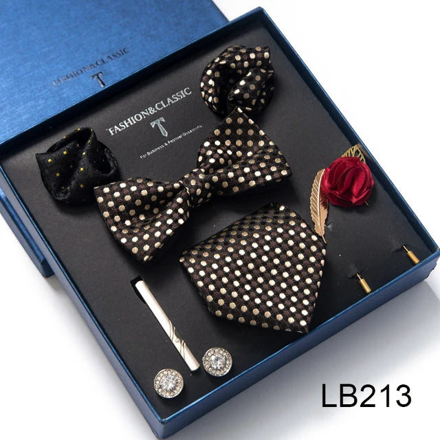 8-in-1 Luxury Silk Tie Gift Set – Necktie, Bow Tie, Pocket Squares, Cufflinks, Tie Clip & Brooches in Elegant Box