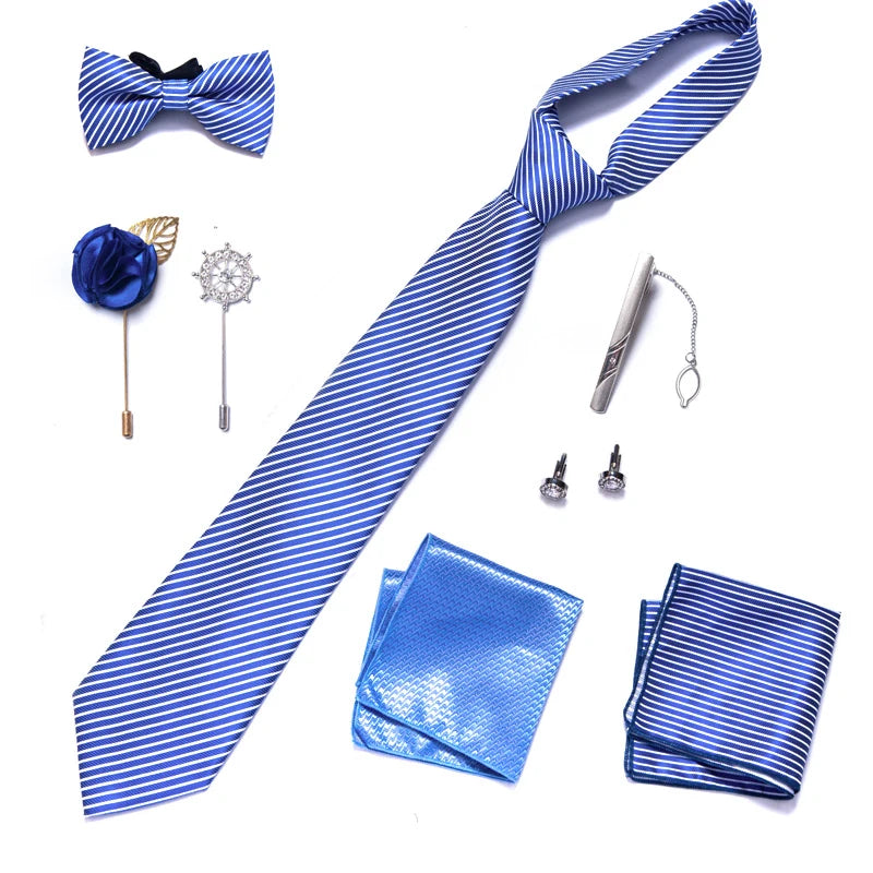 8-in-1 Luxury Silk Tie Gift Set – Necktie, Bow Tie, Pocket Squares, Cufflinks, Tie Clip & Brooches in Elegant Box