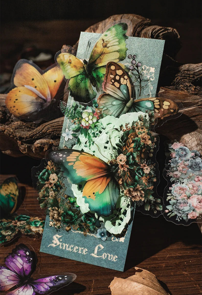 Butterfly & Moon Floral PET Stickers – Dreamy Scrapbooking & Journal Decoration Set (30 pcs)
