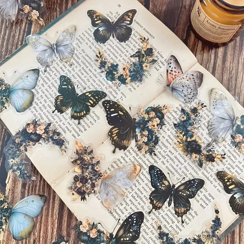 Butterfly & Moon Floral PET Stickers – Dreamy Scrapbooking & Journal Decoration Set (30 pcs)