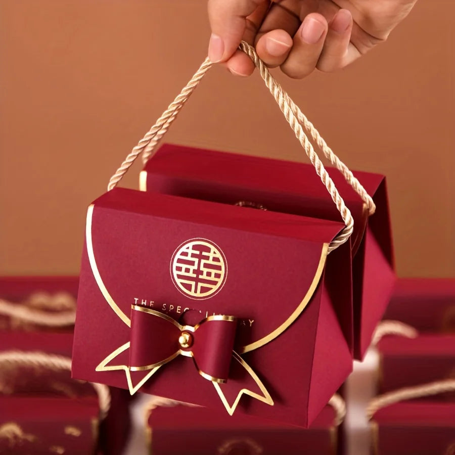12Pcs Wine Red Handbag Candy Boxes – Elegant Wedding Favor Gift Packaging with Bow & Chinese “Double Happiness” Design