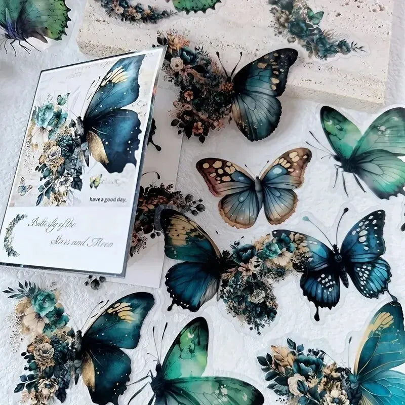 Butterfly & Moon Floral PET Stickers – Dreamy Scrapbooking & Journal Decoration Set (30 pcs)