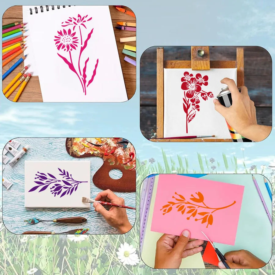 18 Pcs DIY Floral Painting Stencil Set – Reusable Craft Templates for Wood, Fabric & Paper