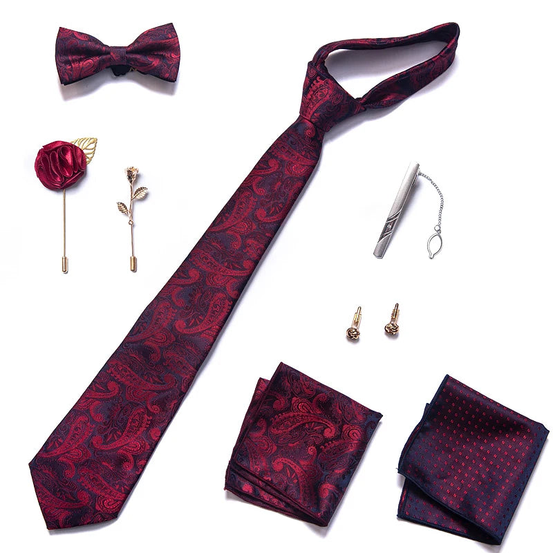 8-in-1 Luxury Silk Tie Gift Set – Necktie, Bow Tie, Pocket Squares, Cufflinks, Tie Clip & Brooches in Elegant Box