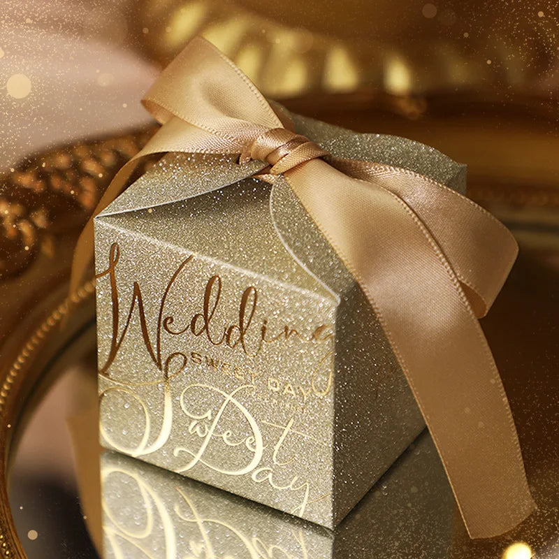 Luxury Glitter Wedding Candy Boxes with Pearl Ribbon Bow – High-End Gift & Chocolate Favor Box (20, 50pcs)