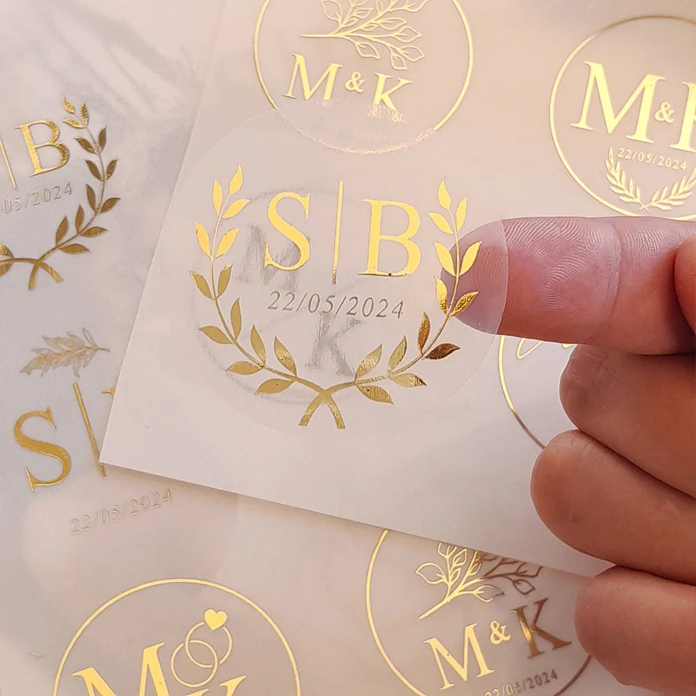 Personalized Gold-Foil Clear Stickers (50pcs) – Custom Monogram Envelope Seals, 3–8 cm Round