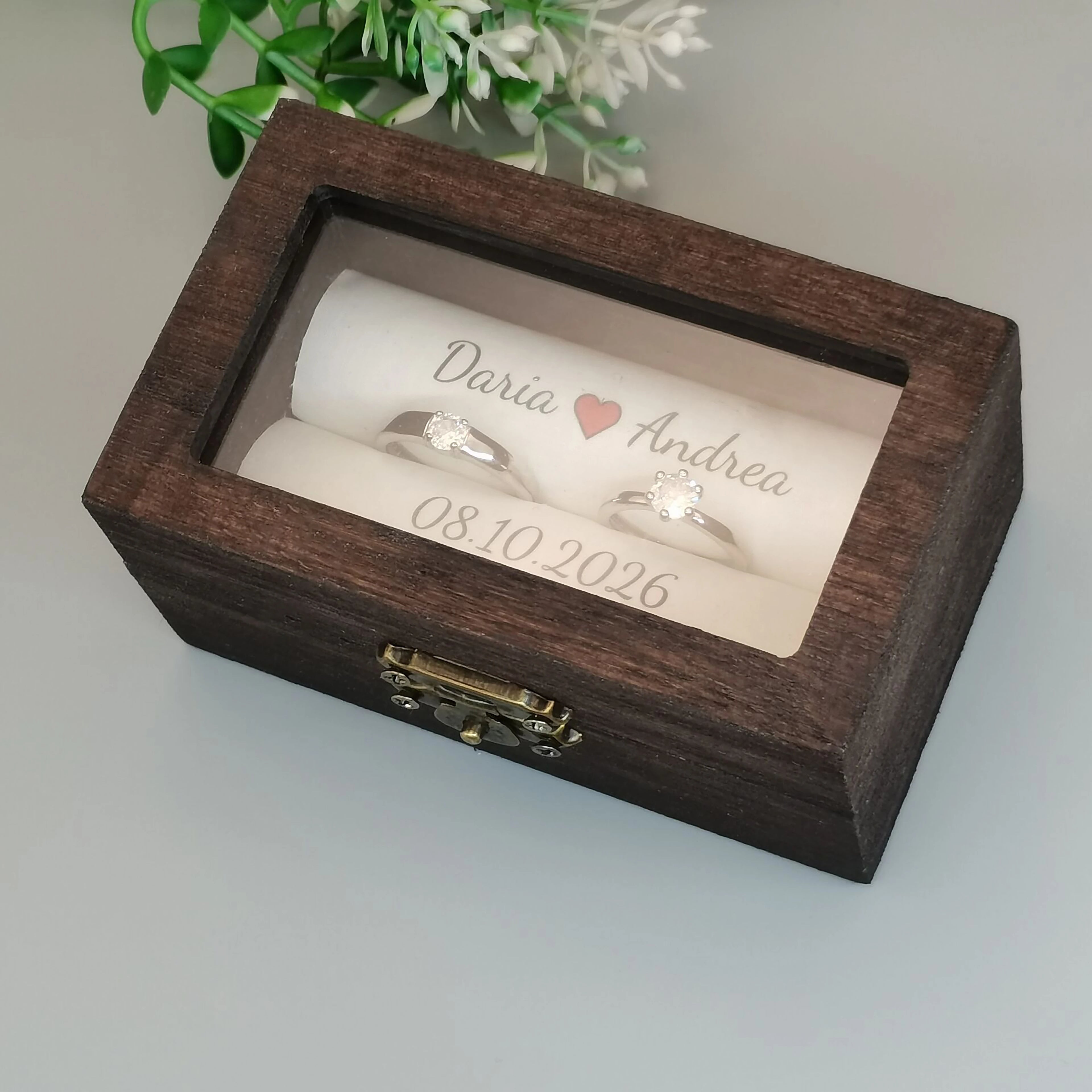 Personalized Rustic Wooden Ring Box – Custom Names & Date