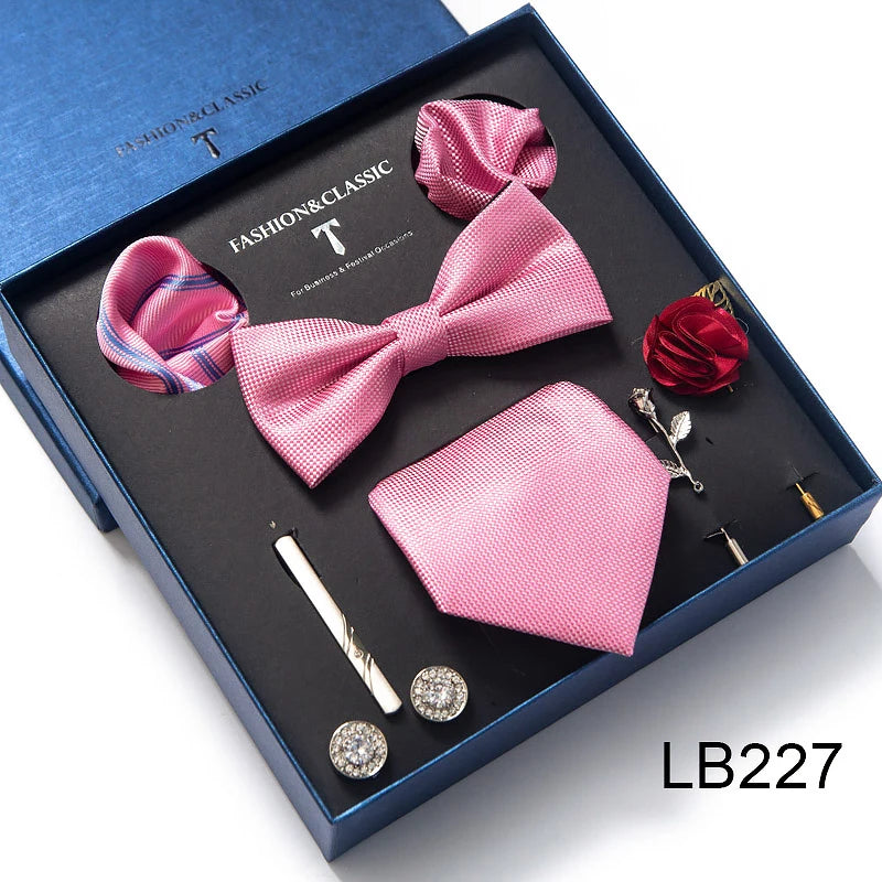 8-in-1 Luxury Silk Tie Gift Set – Necktie, Bow Tie, Pocket Squares, Cufflinks, Tie Clip & Brooches in Elegant Box