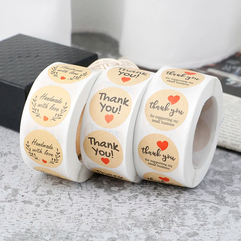 Vintage Kraft “Thank You” Stickers – 500pcs Roll for Small Business Packaging & Gifts