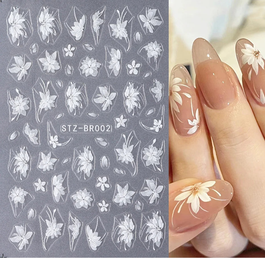 3D White Flower Nail Art Stickers Cute Floral Adhesive Sliders Acrylic Decoration Decals DIY Nail Charms Adhesive Accessories