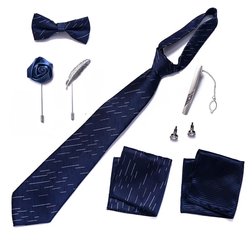 8-in-1 Luxury Silk Tie Gift Set – Necktie, Bow Tie, Pocket Squares, Cufflinks, Tie Clip & Brooches in Elegant Box