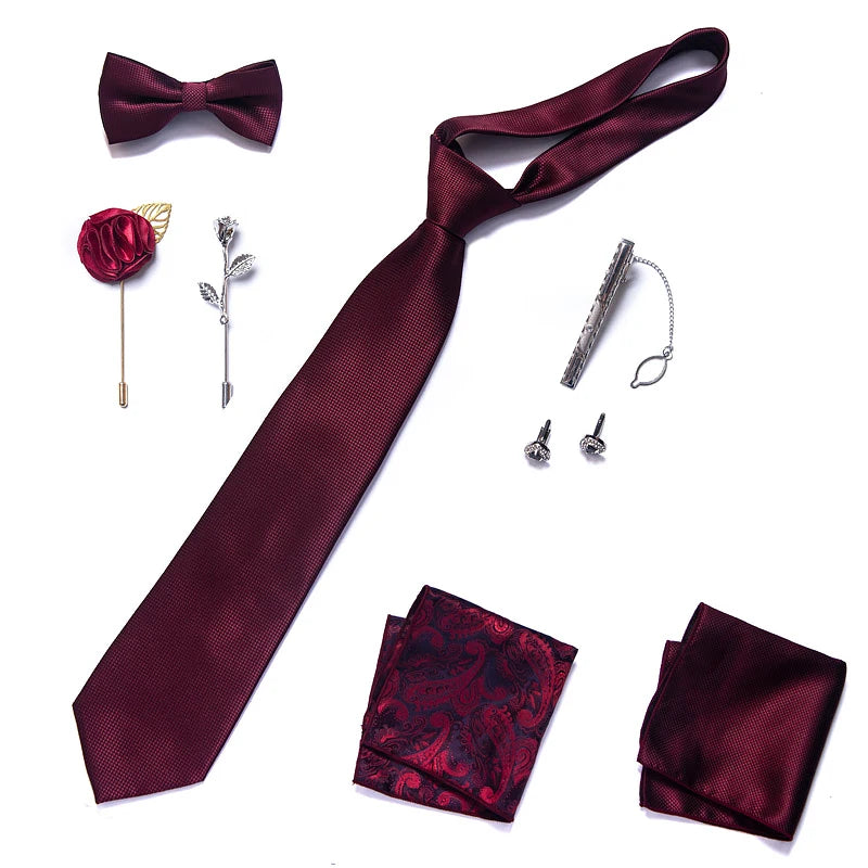 8-in-1 Luxury Silk Tie Gift Set – Necktie, Bow Tie, Pocket Squares, Cufflinks, Tie Clip & Brooches in Elegant Box