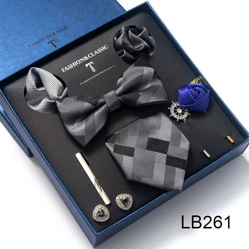 8-in-1 Luxury Silk Tie Gift Set – Necktie, Bow Tie, Pocket Squares, Cufflinks, Tie Clip & Brooches in Elegant Box