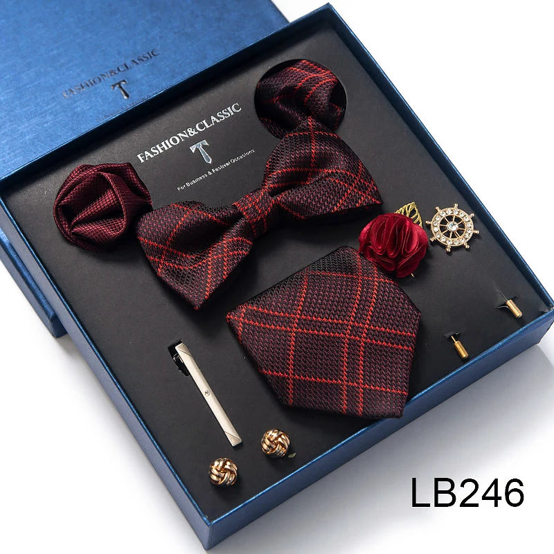 8-in-1 Luxury Silk Tie Gift Set – Necktie, Bow Tie, Pocket Squares, Cufflinks, Tie Clip & Brooches in Elegant Box