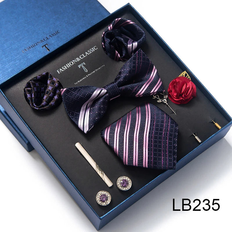 8-in-1 Luxury Silk Tie Gift Set – Necktie, Bow Tie, Pocket Squares, Cufflinks, Tie Clip & Brooches in Elegant Box