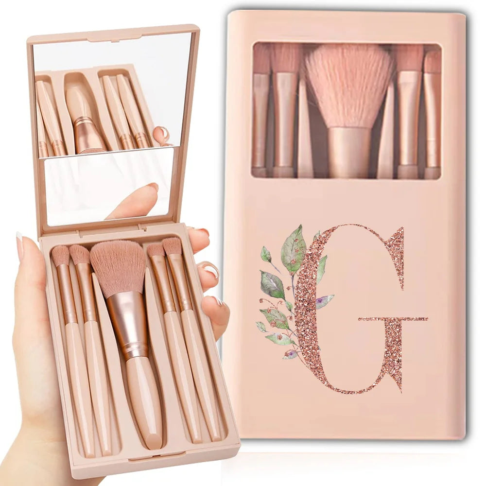 5-Piece Makeup Brush Set – Portable Cosmetic Kit with Mirror & Foldable Storage Case