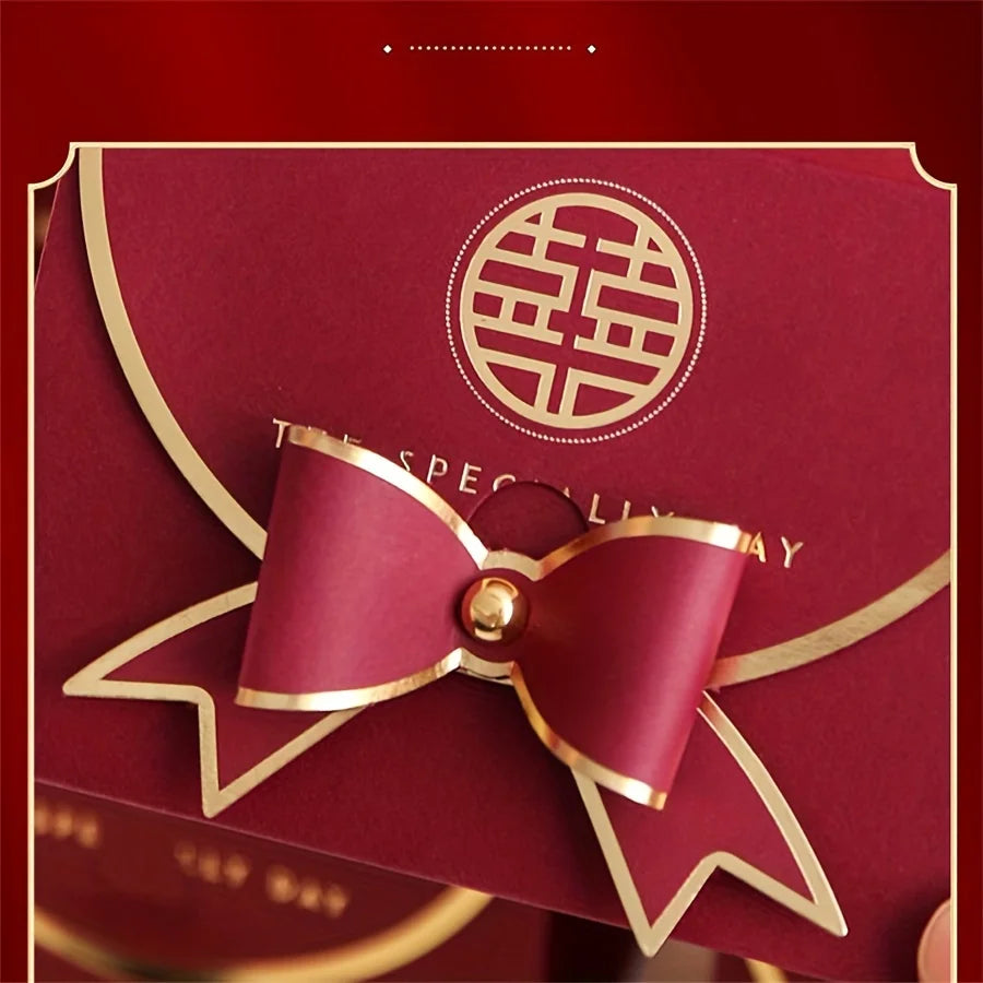 12Pcs Wine Red Handbag Candy Boxes – Elegant Wedding Favor Gift Packaging with Bow & Chinese “Double Happiness” Design