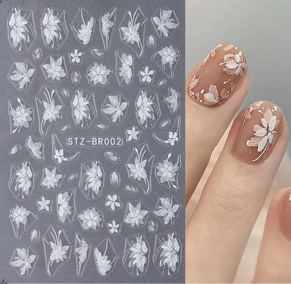 3D White Flower Nail Art Stickers Cute Floral Adhesive Sliders Acrylic Decoration Decals DIY Nail Charms Adhesive Accessories