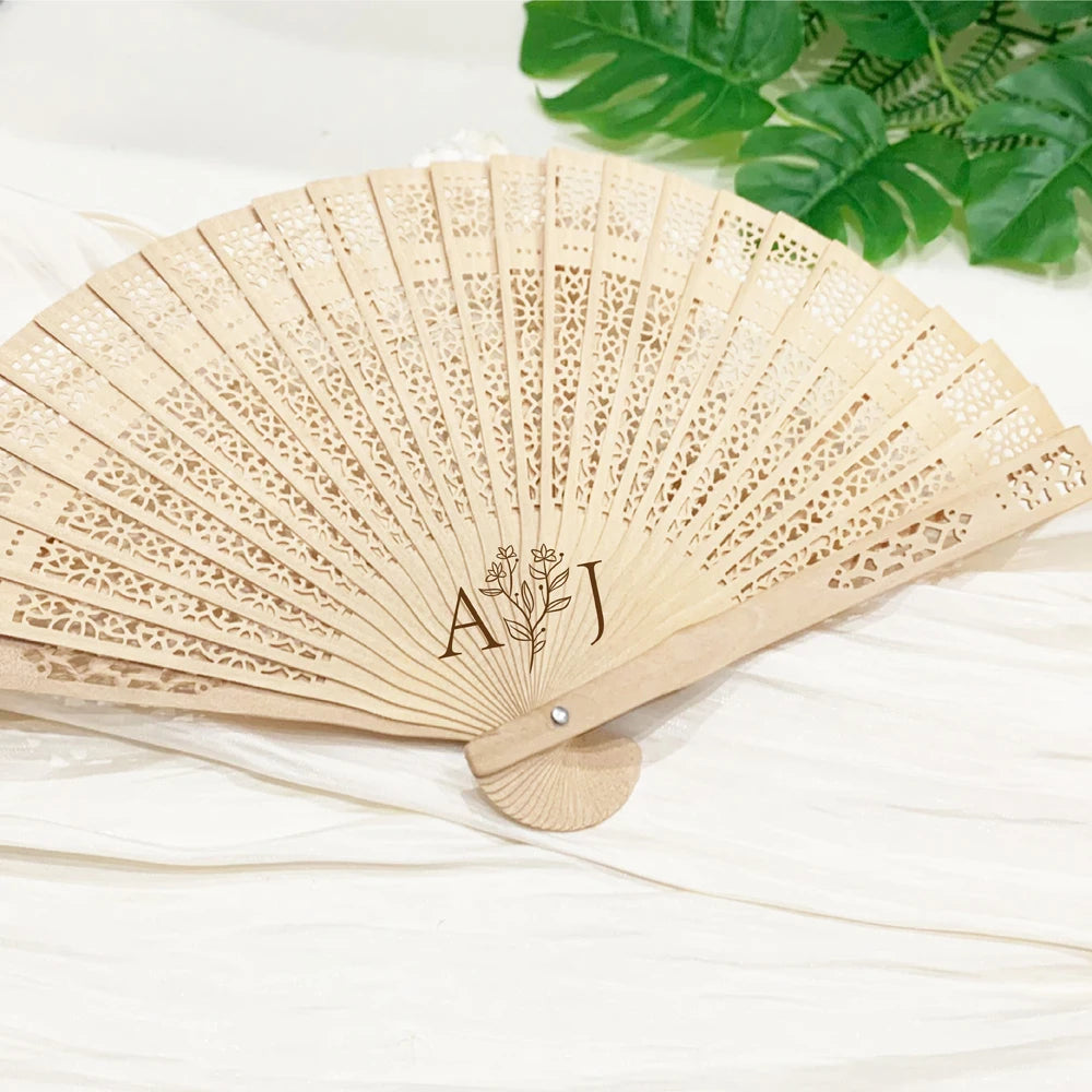 Personalized Wooden Folding Hand Fans – Custom Wedding Guest Gifts with Fan Bag (10/50pcs)