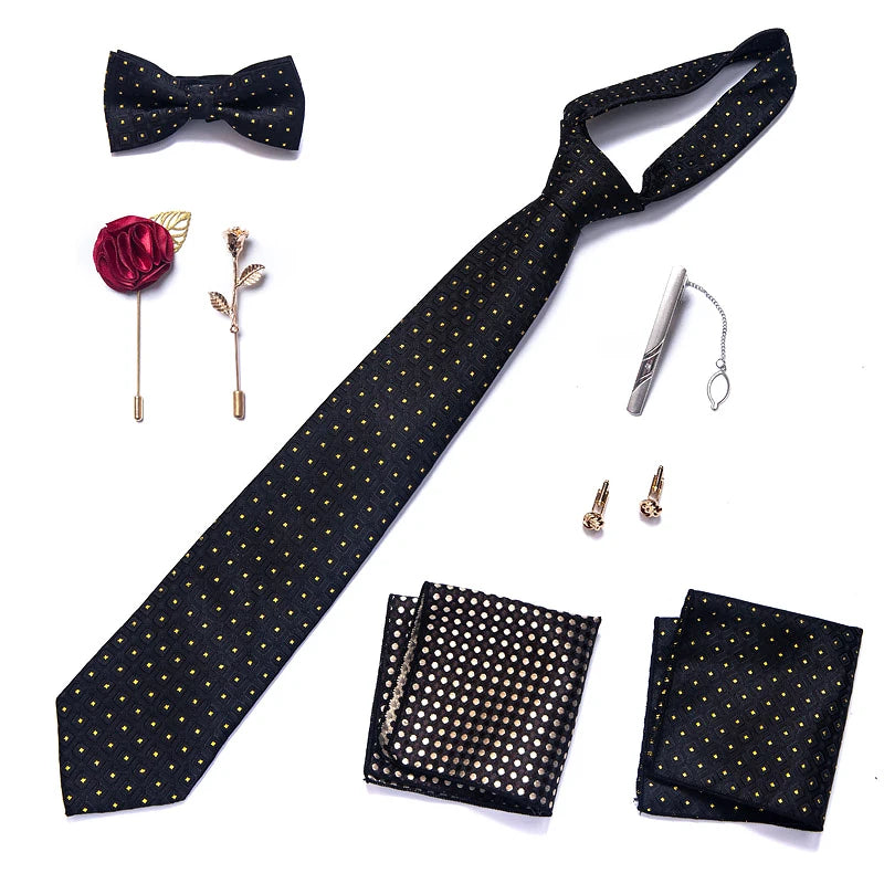 8-in-1 Luxury Silk Tie Gift Set – Necktie, Bow Tie, Pocket Squares, Cufflinks, Tie Clip & Brooches in Elegant Box