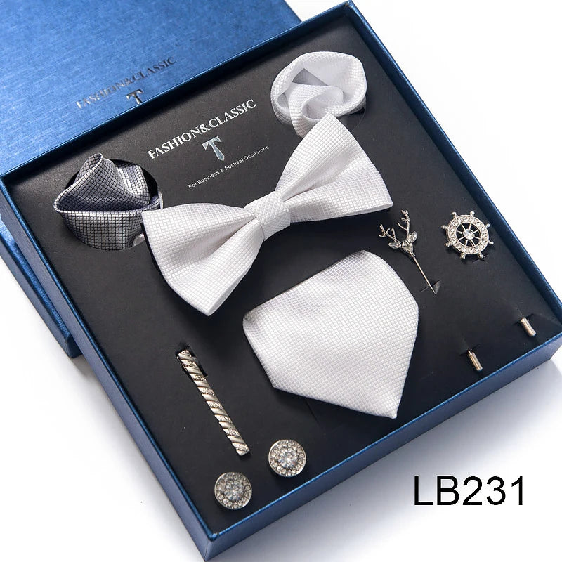 8-in-1 Luxury Silk Tie Gift Set – Necktie, Bow Tie, Pocket Squares, Cufflinks, Tie Clip & Brooches in Elegant Box