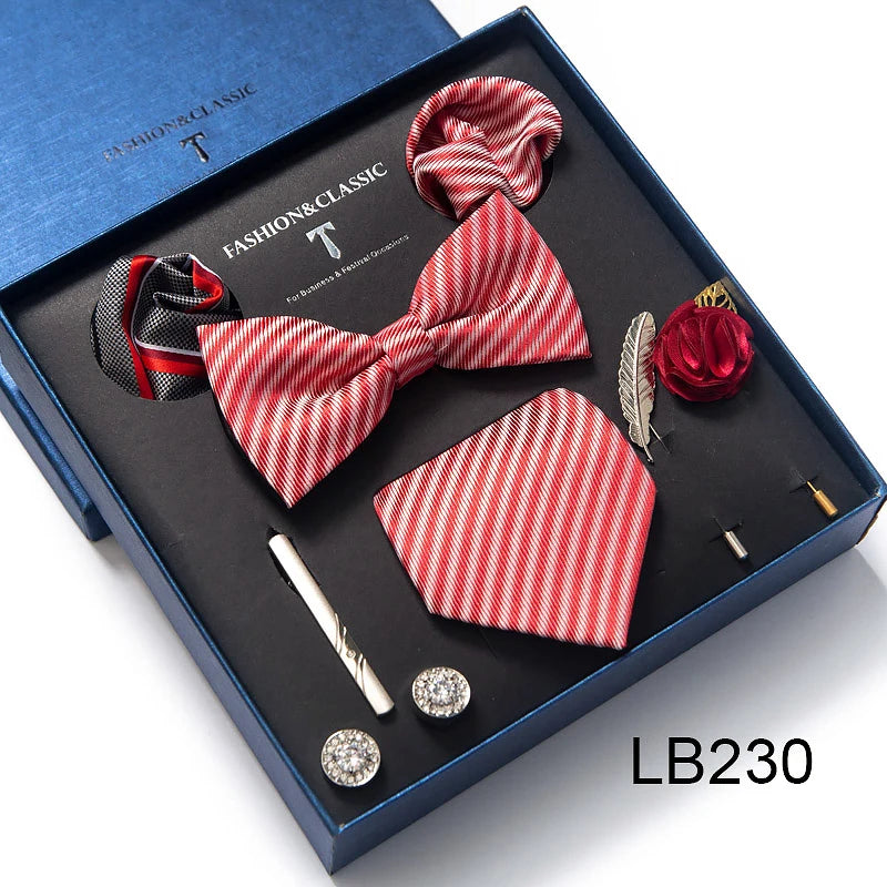 8-in-1 Luxury Silk Tie Gift Set – Necktie, Bow Tie, Pocket Squares, Cufflinks, Tie Clip & Brooches in Elegant Box