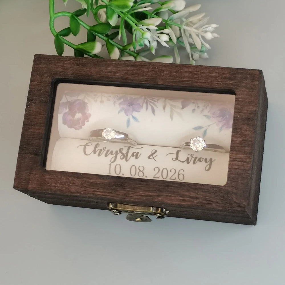 Personalized Rustic Wooden Ring Box – Custom Names & Date