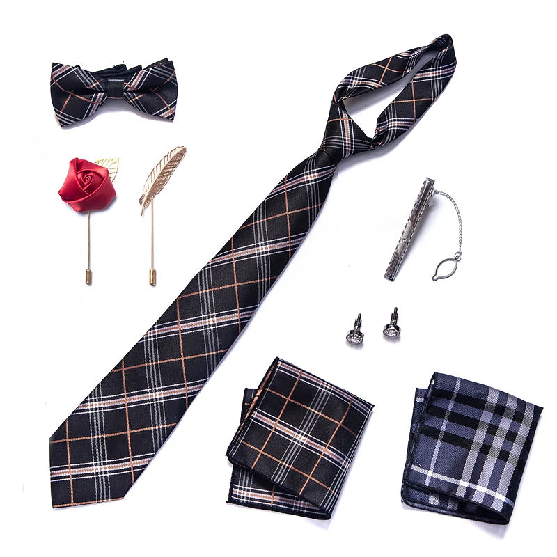 8-in-1 Luxury Silk Tie Gift Set – Necktie, Bow Tie, Pocket Squares, Cufflinks, Tie Clip & Brooches in Elegant Box